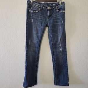Miss Me JP5135BCL Straight Leg Distressed Jeans Size 29 Blue Studded Rhinestone